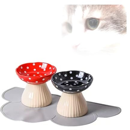 Upphöjd kattskål, 2 st Keramiska upphöjda kattskålar med silikon Anti-halk skyddsdyna, svampformad kattmat vattenskål set, 300 ml(Red and black)