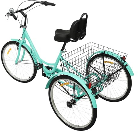 Tagowao 24 tum 3-hjuls trehjuling, 7 växlar stadshjul trehjuling med korg och varningslampor, 3 hjul cykel med ryggstöd, justerbar trehjulig cykel för vuxna, grön