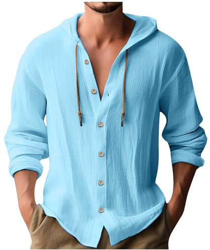 UHouse Chemise Homme Lin Manches Longues à Capuche Décontracté Chemisette Oversize Haut Coton Respirant Vetement Fin Cut Leger Grande Taille Habit Ample Casaul Chemises Bleu Ciel XXL