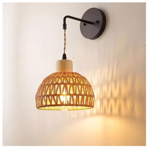 Pink Palm Lámpara de Pared de Estilo japonés, Hecha a Mano, Tejida en ratán, para Interiores, Estilo Vintage Americano, para mesita de Noche, Dormitorio, Sala de Estar