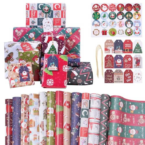 Greitsyy Paquete de rollo de 70 cm x 50 m Papel de Navidad, papel Kraft impreso con patrón de Navidad Papel de regalo reciclable para papel de regalo de fiesta de Navidad