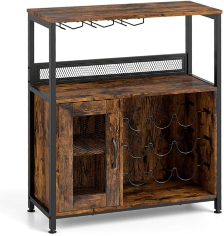 TANGZON Wine Bar Cabinet, Mesh Door Drinks Storage Sideboard with Wine Rack, Glass Holder and Removable Shelf, Freestanding Cupboard Unit Organizer for Home Kitchen