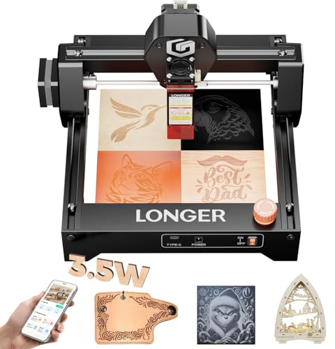 Longer Ray5 Mini lasergravör 3,5 W CNC-höghastighets upp till 12 000 mm/min, gravyr- och skärmaskin för trä, metall, akryl, läder, arbetsyta 140 × 130 mm, anslutning
