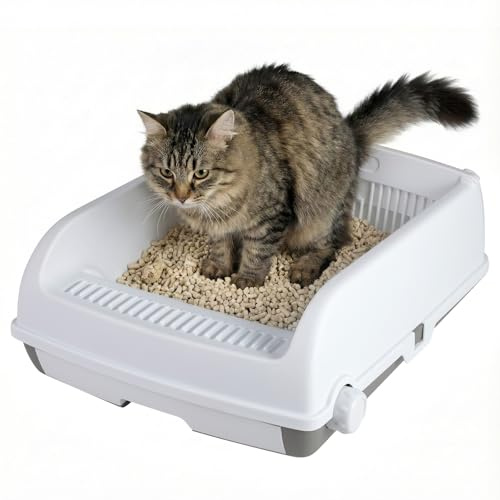 GOPLUS Caja de Arena para Gatos Semi-Automática, Caja Abierta, Casa de Baño para Gatos con Borde Alto Anti-Salpicaduras, Pedal Filtro de Arena, Cajón Deslizante, Pala Incluida (Blanco)