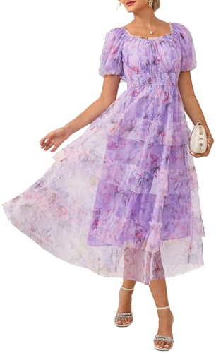 GRACE KARIN Sommarklänningar för kvinnor UK, A-linje klänning med kortärmar och blommigt mönster, midi, bröllopsgäst och festklänning elegant, M