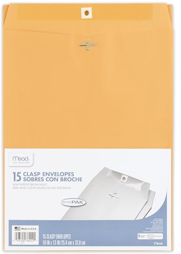 Mead Buckle kuvert, postkuvert, 25 x 33 cm Manila kuvert med låsstängning, laglig storlek, brun kraftpapper postlåda för arkivering, frakt, hemmakontor, företag, skola, 15 pack (76022)
