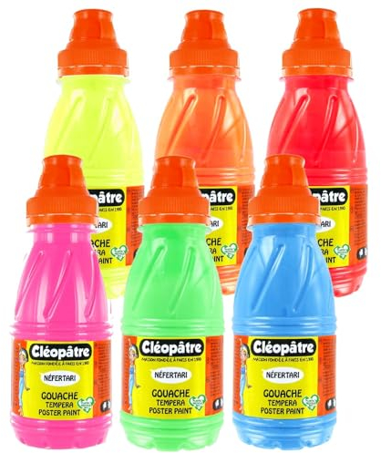 Cléopatre - 6er-Pack Nefertari Fluo Gouache - Deckende, mehrfach tragbare Farbe - Leicht zu handhaben, ab dem Kindergartenalter - Waschbar in der Maschine - Farbauswahl, 6x250ml