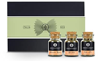 Ankerkraut Geschenk-Set Italia Selection, mit den Gewürzen Bruschetta, Aglio e Olio und italienische Kräuter im Korkenglas, mediterrane Küche, Gewürze in hochwertiger Deluxe-Box mit Banderole