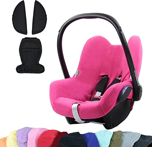 BAMBINIWELT KOMBI-ANGEBOT Sommerbezug, Schonbezug, Bezug aus Frottee + Gurtpolster für Maxi Cosi CabrioFix (pink +schwarz)