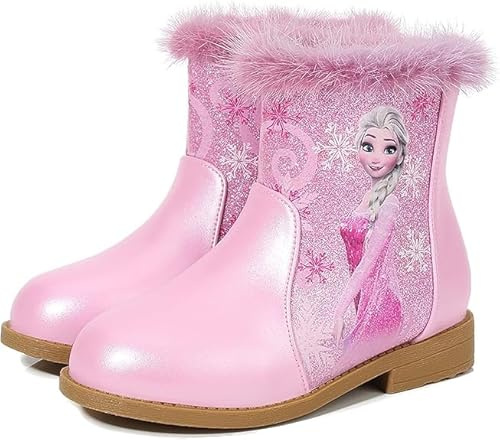 FStory&Winyee Schneestiefel Mädchen Prinzessin Schuhe ELSA Stiefel Kinder Winterstiefel mit Warmem Gefüttert Futter Gummistiefel Outdoor Schlupfstiefel Eiskönigin Kostüm Zubehör Karneval,Pink,28 EU