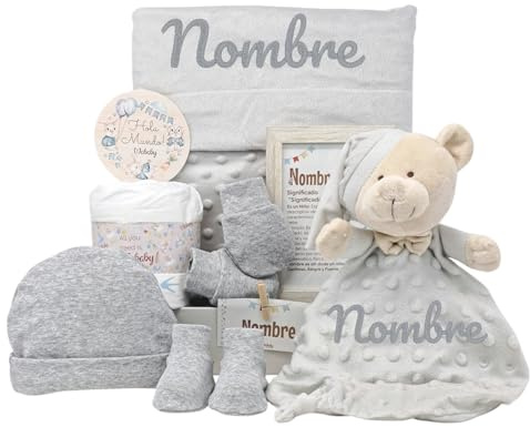 Mababyshop Velvet Canastilla Bebé Personalizada Unisex con Manta Burbujas, Dou Dou de Apego y Primera Puesta, Regalo Baby Shower, Gris