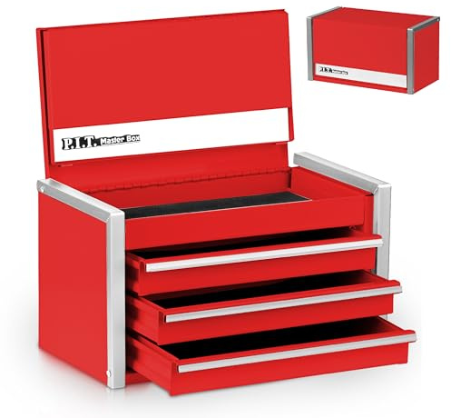 P.I.T. Mini Red Tool Box, Portable 3 Drawer Steel Stackable Tool Box with Magnetic Tab Locking, Red Micro Top Chest with Liner for Tools Storage and Organizers, Home DIY
