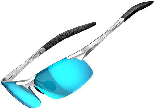 ATTCL Gafas de Sol Deportivas Polarizadas para Hombre, Marco de Metal Al-Mg Súper Ligero 8-177 Silver-BLUE