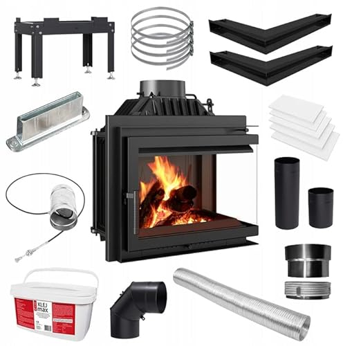 KRATKI Einfacher holzbefeuerter Kamineinsatz Lufteinlass BImSchV 2-konform 11 kW Thermischer Wirkungsgrad 75% Abgasauslass fi 200 mm dekorative Glasscheibe aus Gusseisen RightPlus Zubehör