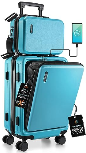 TRAVELARIM Carry On Luggage 22x14x9 Airline Approved, Teal Durable Hard Shell Carry-on Luggage with Spinner Wheels, Lightweight Carry On Suitcase Set with Small Cosmetic Case – 22 Inch Small Suitcase