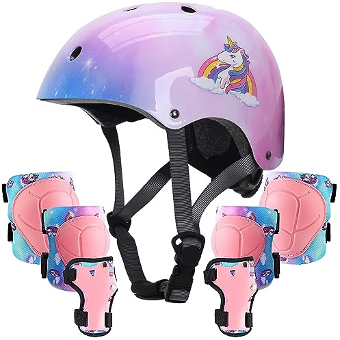 Kids Helmet with Knee Pads Elbow Pads and Wrist Guards,Child Protective Gear for Boys Girls Age 3-5-8 Years fit Roller Skates, Skateboarding, Scooter Bicycle Skate Scooter Skateboard (Pink)