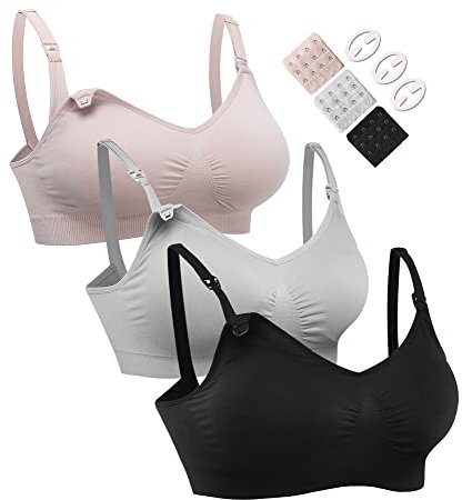 HOFISH 3PACK Full Bust Seamless Nursing Bras Maternity Bras for Easy Breastfeeding 3Pack Black,Grey,Elegant Pink Medium