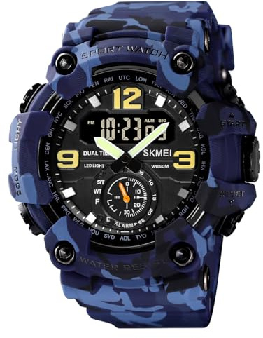 FANMIS Mens Analog Digital Dual Display Sports Watches Military Multifunctional 50M Waterproof LED Watch with Alarm Stopwatch Backlight 12H/24H Outdoor Running Swimming (Y Blue Camouflage)
