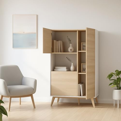 Dmora - Credenza Boario, Buffet alto da soggiorno, Madia moderna da salotto a 3 ante, 81x43h135 cm, Rovere e Bianco