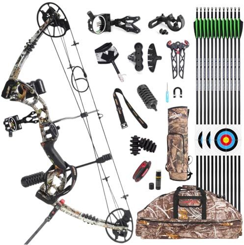 SHARROW Compoundbogenset 30-70lbs Einstellbar Compound Bögen und Pfeile Komplett Set Sportbogen Erwachsene Jagdbogen 320 FPS für Outdoor Bogen Jagd (Camo)