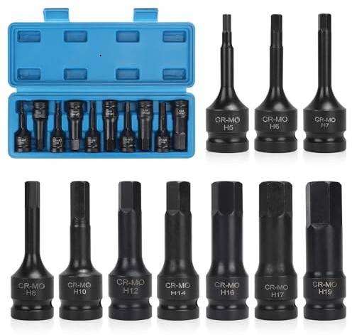 EFUTURETIME 10 st. Insida sexkant hylsnyckelset 1/2 tum, 5 mm 6 mm 7 mm 8 mm 10 mm 12 mm +14 mm 16 mm 17 mm + 19 mm mutter set med låda för insexkantskruvar