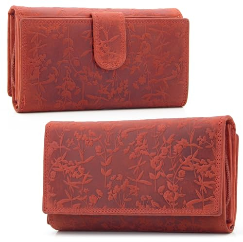 ekavale Damen-Geldbörse groß im Langformat Portemonnaie mit Druckknopf und RFID- Schutz, Geldbörse mit Blüten Muster (Rot)