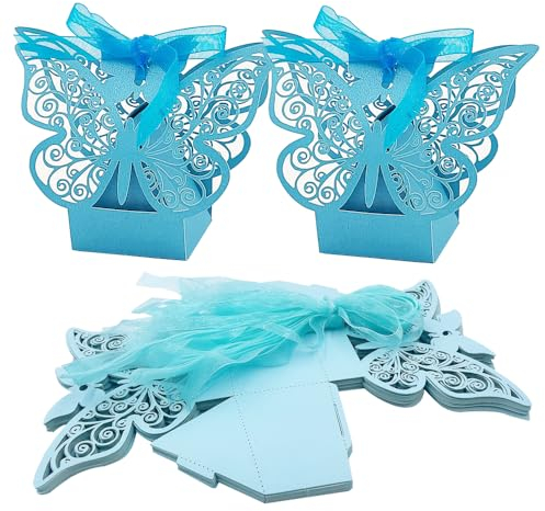 ONEBO 25 Stück Faltbare Geschenkbox Blau, Hochzeitsgutschachteln, Bonbonschachtel, kreative Geschenkschachtel, mit Band, für Hochzeit, Geburtstag, Basteln (4,4 * 4,4 * 5,5 cm)