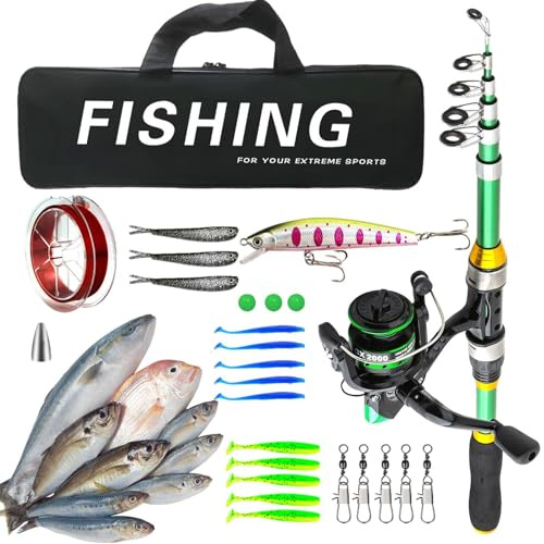 Monozoz Combinazione di canna da pesca e mulinello, canna da pesca telescopica | combinazione di canne da pesca e mulinelli | set di attrezzi da viaggio con lino, ganci, borsa per il trasporto per