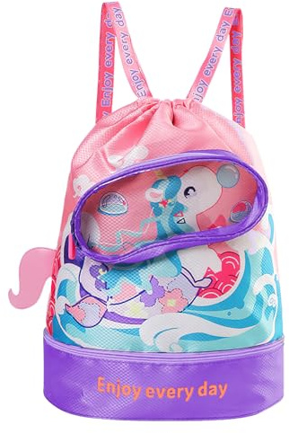 SilverChry Bolsa de Natación Niño, Mochila Piscina Niño Impermeable, Mochila de Cuerdas Niños, Bolsa de Deporte con Cordón, Bolsa Piscina Niña Separación en Seco-Húmedo con Compartimento (rosa)