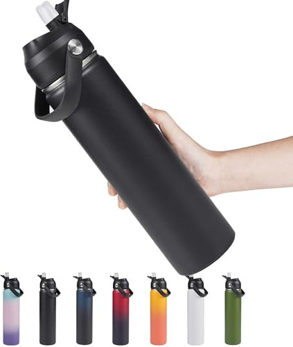 Fijinhom 24oz Insulated Stainless Steel Water Bottle, Wide Mouth Double Wall Vacuum, Silicone Straw, Sweat & Leak Proof, BPA Free Insulated Water Flask for Travel, Keep Cold 24h Hot 12h, Black