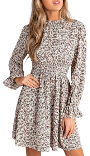 CUPSHE - Abito da donna con collo a camicia, floreale, mini, autunnale, a maniche lunghe, con ruches, elastico in vita, svasato, abito casual svolazzante, S