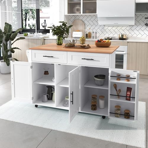 KUAKE Isola della cucina indipendente con piano di lavoro pieghevole, mobile da cucina su 5 ruote, con ripiano e 2 cassetti, per sala da pranzo (bianco)