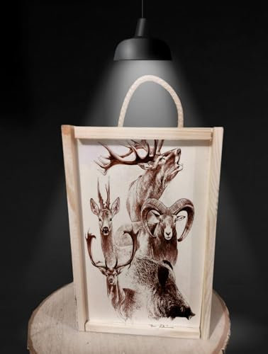 Fábrica de Regalos Mágicos | Caja para copa de balon con motivos caza y copa grabada con el motivo a elegir y totalmente personalizada.