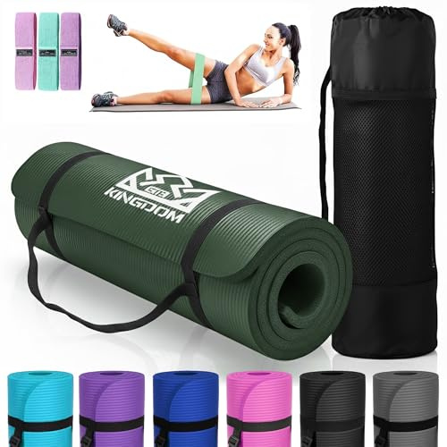 Kingdom Fitness 10mm Extra Thick Yoga Mat Set | NBR Non-Slip Exercise Mat, Carry Bag, Strap & Resistance Band, Dark Green