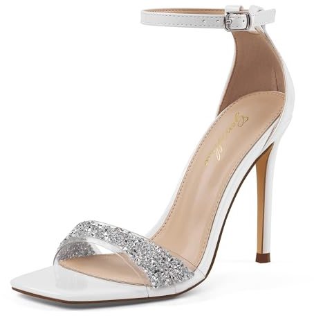 GENSHUO Sandali con Cinturini, Stiletti 11CM con Strass, Punta Quadrata Aperta, Scarpe Sexy per Feste e Matrimoni, bianco, 40.5 EU