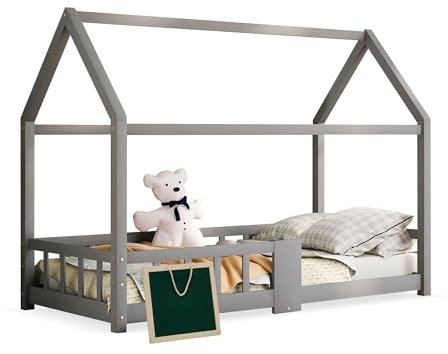 SogesPower Cuna infantil de madera de pino – Cama de juego con mesa y rejilla de 4 lados, 90 x 200 cm, construcción segura, ahorro de espacio y fácil construcción independiente (gris)