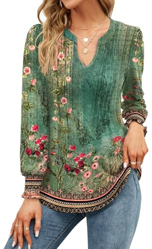 EFFAN Womens Tops V Neck Elegant Long Sleeve Casual T Shirts Xmas Pleated Puff Floaty Floral Printed Tunic Blouse, Floral Green M (UK 12-14)
