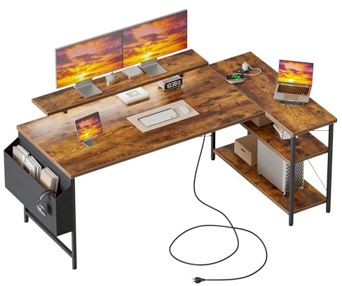 Mericonia Corner Desk, w. Monitorstand & Built-in Socket, 140x70cm, Brown | Reversible L-shaped desk w. Bag, Height-adjustable Shelf, with Power Outlets & Led, Gaming computer desk for home & office
