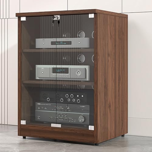LIGUIEN HiFi Rack Phonoschrank, AV-medienständer,phonoschrank, Hifi Regal, Panplatte, Spanplattenmaterial Glastürschloss for Zuhause/Büro/Theater-Einfach Zu Montieren(Walnut,3-tier H80CM/31)