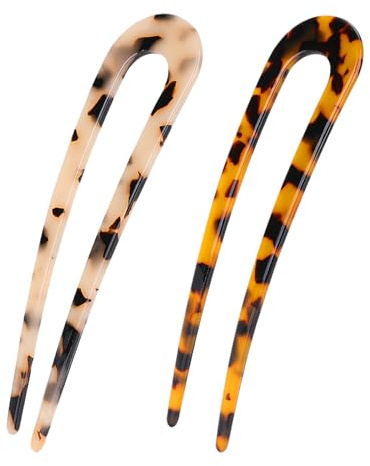Sibba 2 PCS French Hair Pin Elegant Acetate U-Shaped Hairpins Hair Forks 2 Prong Updo Hairpin Chignon Pins Sticks Tortoiseshell Bun Twist Fork Clips for Women Buns Hairstyle Accessories