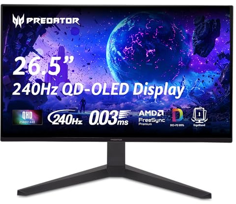 Acer Predator Gaming Monitor | 26.5 WQHD 2560x1440 QD-OLED | AMD FreeSync Premium | 240Hz | 0.03ms | Tilt, Height Adjustment, Pivot & Swivel | DCI-P3 99% | 2 x DP 1.4 & 2 x HDMI 2.1 | X27U W1bmiipprx