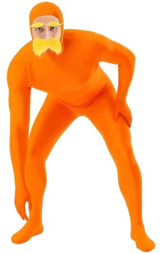GWAWG Lorax Costume, Orange Full Body Suit for Women & Men, Funny Costume with Mustache, Orange Bodysuit for Carnival, Fasching, Halloween & Festival Parties (M)