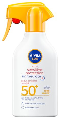 NIVEA SUN Spray solaire Sensitive Protection Immédiate Peaux Sensibles FPS 50+ (1 x 250 ml), Protection anti UV non grasse et sans parfum, Crème solaire résistante à l’eau