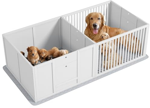 PawHut Parc de Mise Bas pour Chiens Porte Ajustable 166x80x50 cm Blanc