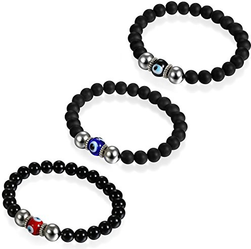 Flongo partnerarmband BFF-kedjor vänskapsarmband för 3 par armband armring pärlarmband svart röd blå onda djävul öga bön mala kula pärlor män, kvinnor, 17.5 centimeters, Rostfritt stål Glas, Pärla