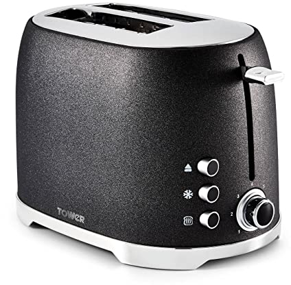 Tower Glitz T20029 2 Slice Metal Toaster with Adjustable Browning Control, Defrost and Reheat Settings, Black