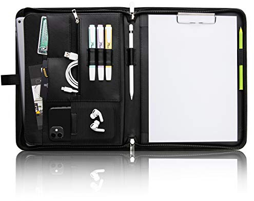 Vebon® Schreibmappe A4 groß Rom I Doppel Reißverschluss + Klemmbrett I Konferenzmappe + Laptoptasche I extra Stauraum I Schwarz I Kunstleder