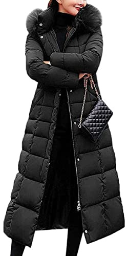 Onsoyours Damen Winterjacke Lange Daunenjacke Warm Parka Jacke mit Fellkapuze Steppjacke Wintermantel Casual Daunenmantel A Schwarz L