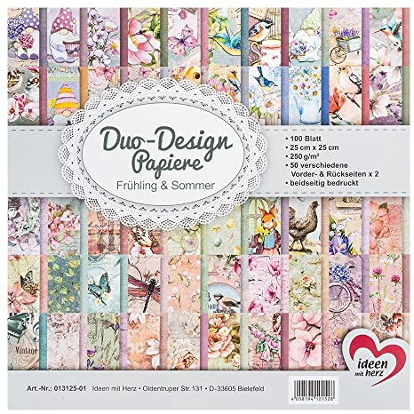 Ideen mit Herz Duo-Design-Papiere | Motiv beidseitig bedruckt | hochwertiges Dekor-Papier | Bastel-Karton | 25cm x 25cm | 250 g/m² | 100 Blatt (Frühling & Sommer)