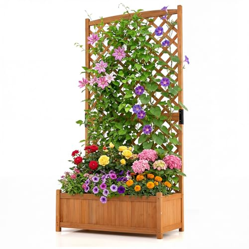 COSTWAY Jardinera Elevado con Caja de Cultivo y Enrejado, Orificios de Drenaje, Macetero Vertical de Madera de Pie de 180 cm, Contenedor de Plantas Vertical para Patio, Jardín, Balcón (Naranja)